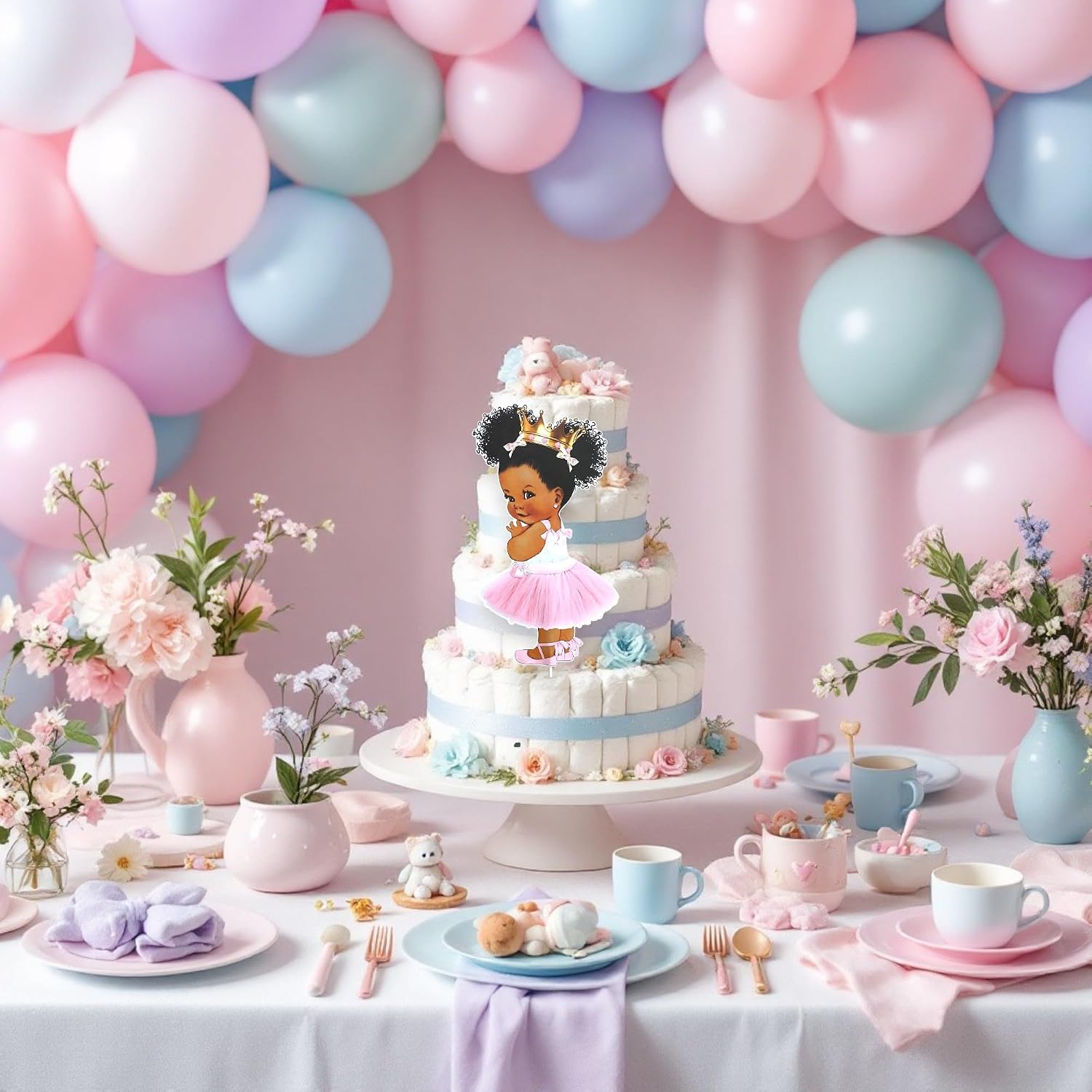 Little Princess Centerpieces Baby Shower Table Decoration 10 inches Pink Gold African American Black Royal Birthday Cake Topper (4)