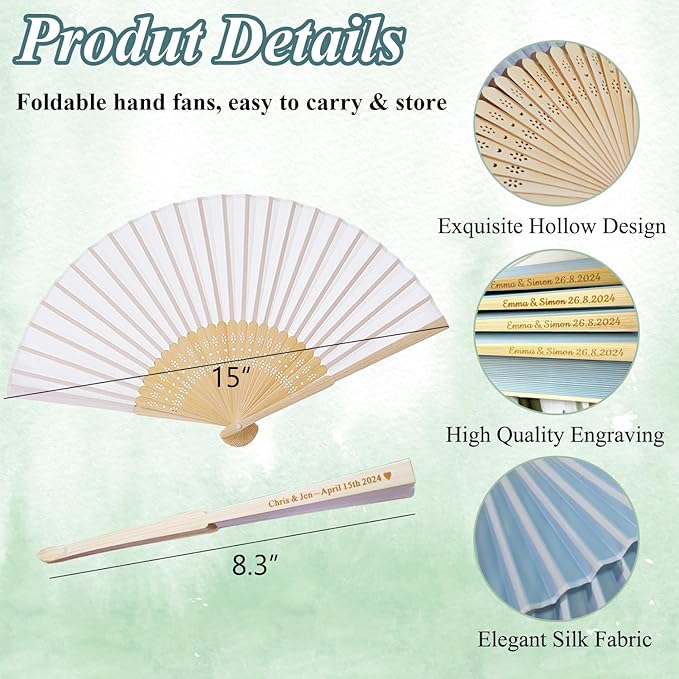 Personalized Engraved Light Blue Fans Folding Hand Fans 80 Pcs, Summer Wedding Fans, Custom Imitated Silk-Bamboo Fans for Guests Wedding Party Favor Bridal Shower Gifts Party Decoration