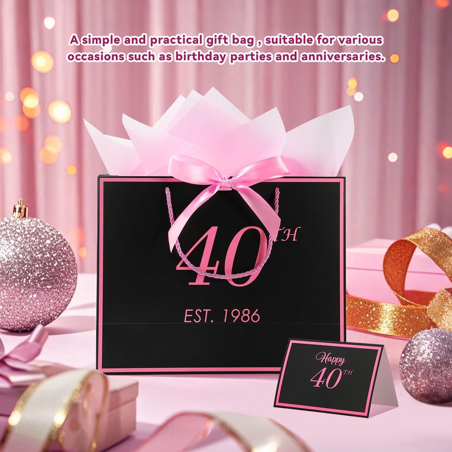 40th Birthday Gift Bag with Card and Tissue Paper for Women Her, 1986 40 Year Old 13" Elegant Black & Pink Anniversary Keepsake Party Present Shopping Paper Bags for Gifts Wrapping (1986 40th)
