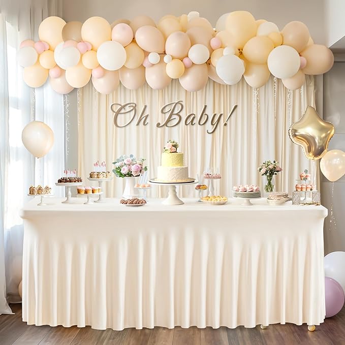 Wish Care 6 Pack Ivory Spandex Table Clothes for 6Foot Rectangle Tables, 6FT Wrinkle Free Fitted Tablecloths Ruffles Design Table Cover for Party, Banquet, Wedding and Events