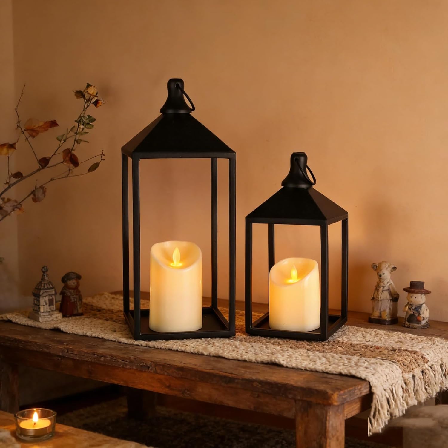 MATAHUM 2pcs Farmhouse Lantern Decor with LED Flickering Flameless Candles - Black Metal Lanterns Decorative for Home Decor, Fireplace Mantle or Table Centerpiece, Halloween Christmas Lantern Decor