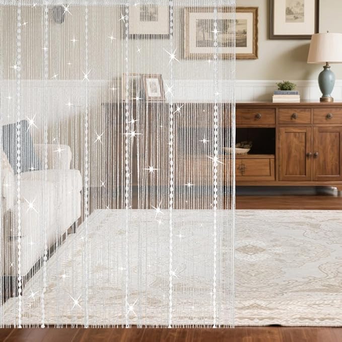 Hysenm Door String Curtains 39x79 Inch White Panel Soft Balls Romantic Glitter Fringe Room Divider Home Décor Wedding Girls Bedroom Window Living Room Backdrop Party Doorways Closet