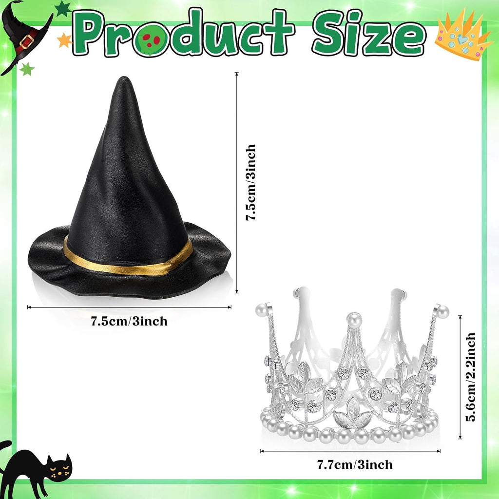 Reallnaive Witch Theme Party Cake Decoration Silver Crown Black Witch Hat Cake Topper Supplies for Movie Theme Party Princess Birthday Pink and Green Celebration Decoration (Cute Crown)