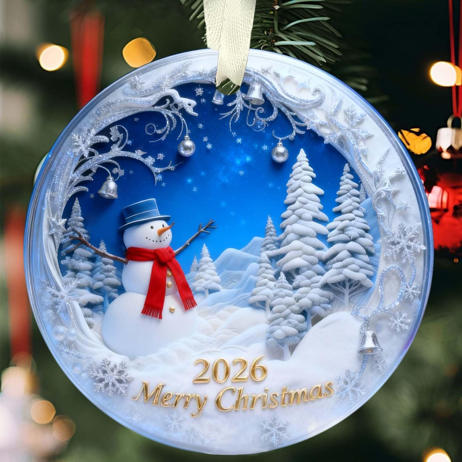 Christmas Ornaments 2026, Snowman Christmas Ornaments, Exchange for Women, Men, Collectible Dated Year Ornaments for Tree, Unique Suncatcher, Printed Stained Ceramic Effect Decor