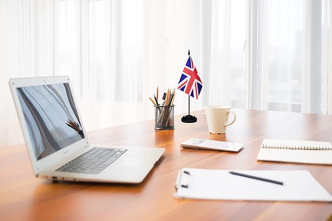 UK British Deluxe Desk Flag Set Small Mini United Kingdom Miniature Table Desktop Flags With Solid Pole, Black Base and Spear Top(2 Pack)