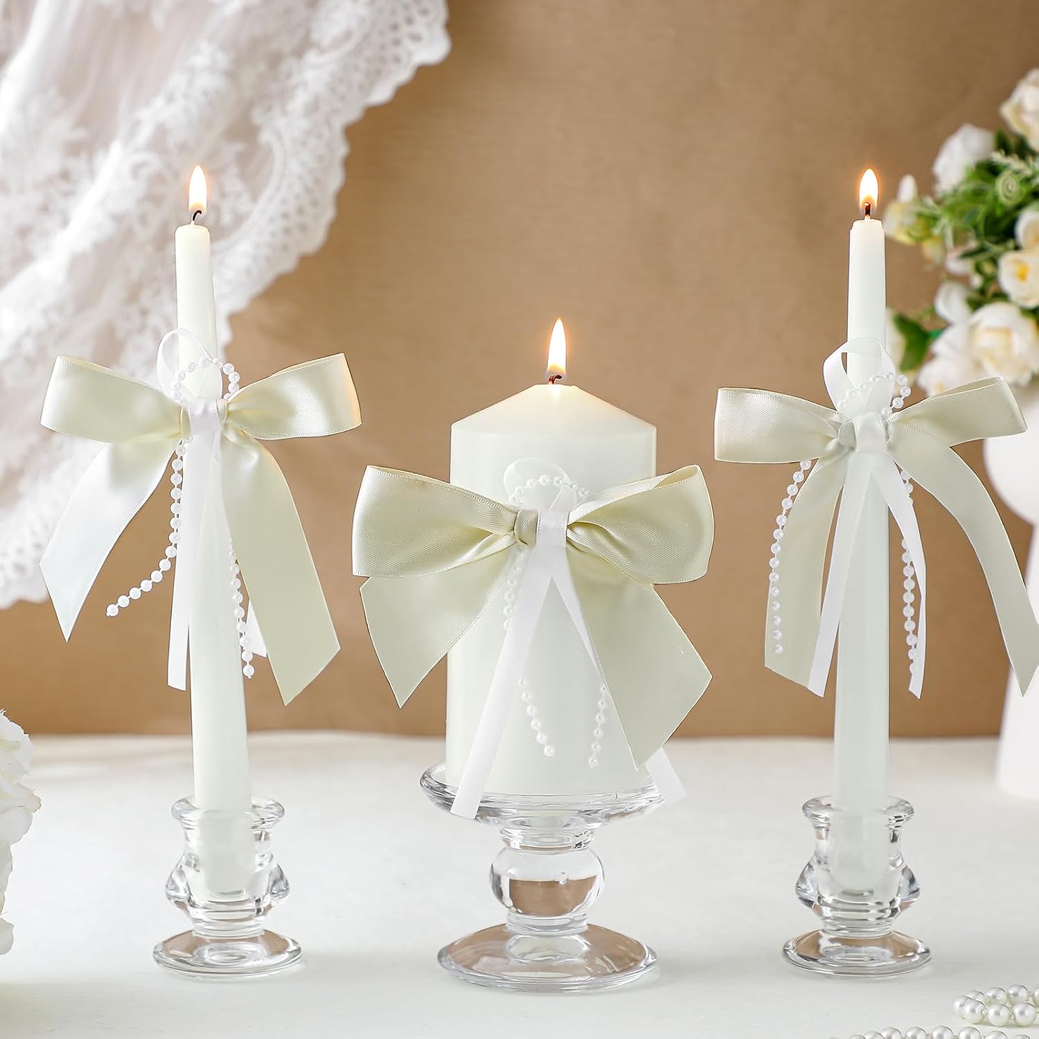 Conelist 3 Pcs Unity Candles for Wedding with Satin Bow and Glass Candle Holder Coquette Unity Pillar and Taper Candles Set Wedding Ceremony Reception Decor for Formal Events Church(Ivory)