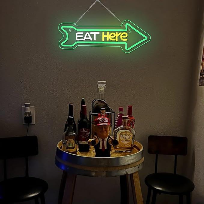 Looklight Eat Here Arrow Neon Sign Dimmale Neon Lights For Wall Decor Led Lights For Home Kitchen Restaurant Bar Party Decor USB Powered 16.6x5.5in
