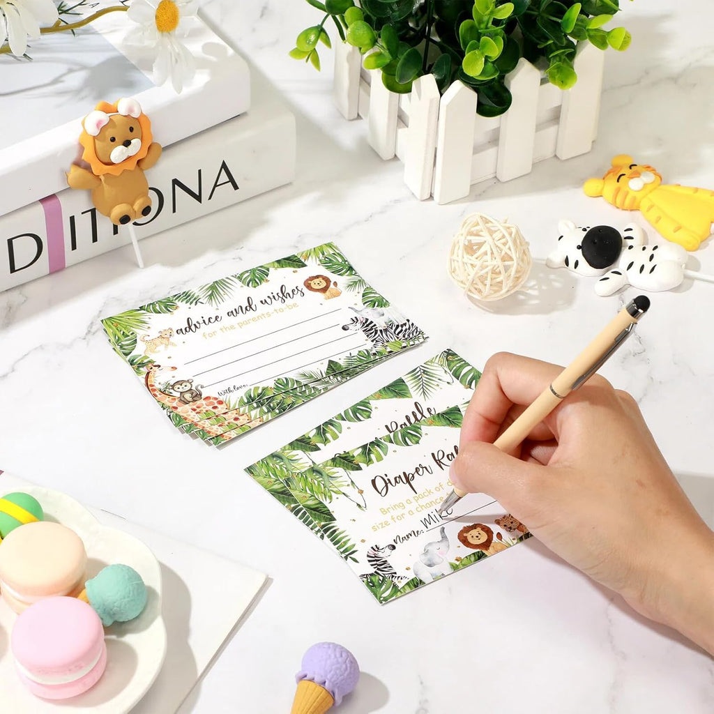 51 Pieces Woodland Baby Shower Card Box and Advice Cards, Diaper Raffle Game Box Tickets, Animals Safari Creatures Party Decorations for Baby Shower, Birthday, Gender Reveal (Jungle Animal Theme)