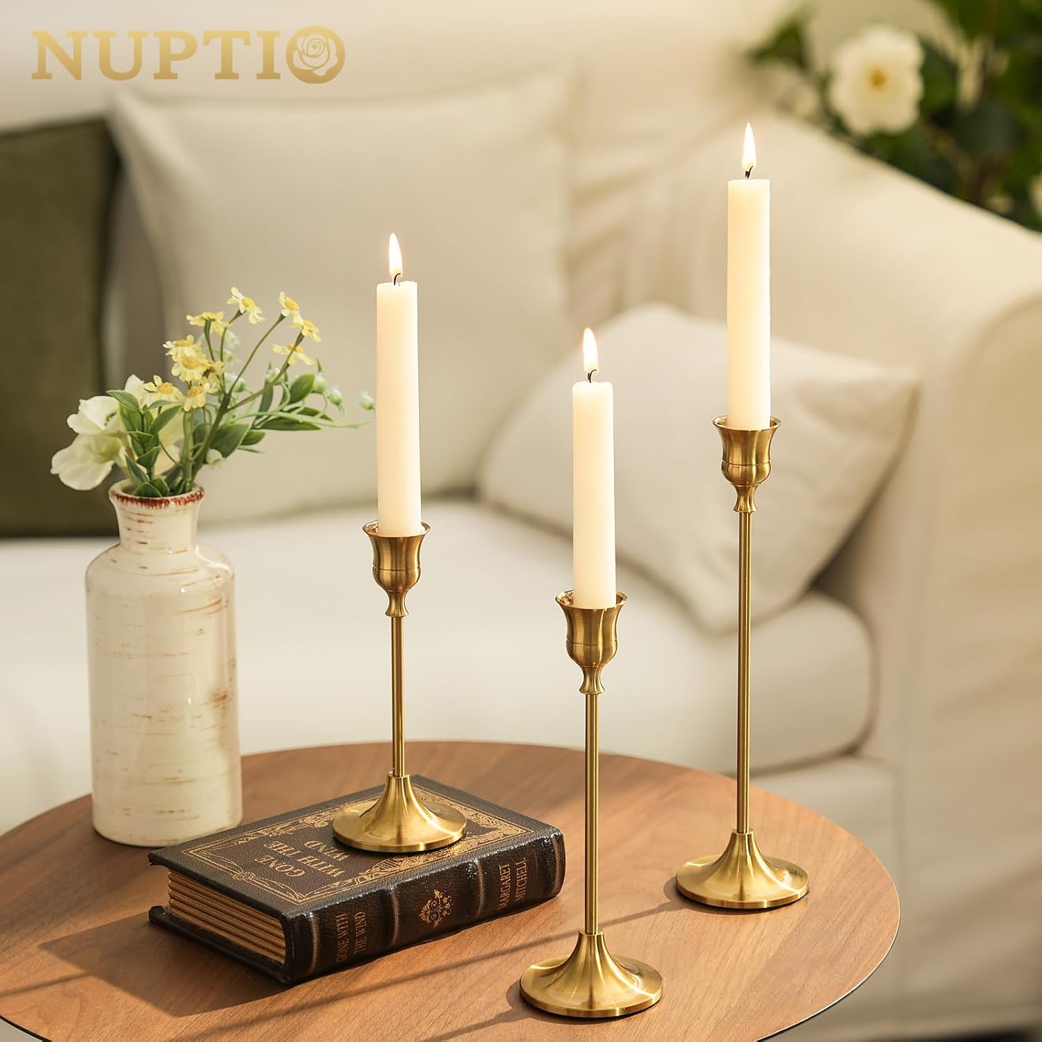 2 Sets(6 Pcs) Brass Gold Metal Taper Candle Holders Candlestick Holders, Vintage Modern Decorative Centerpiece Candlestick Holders for Table Mantel Wedding Housewarming Gift