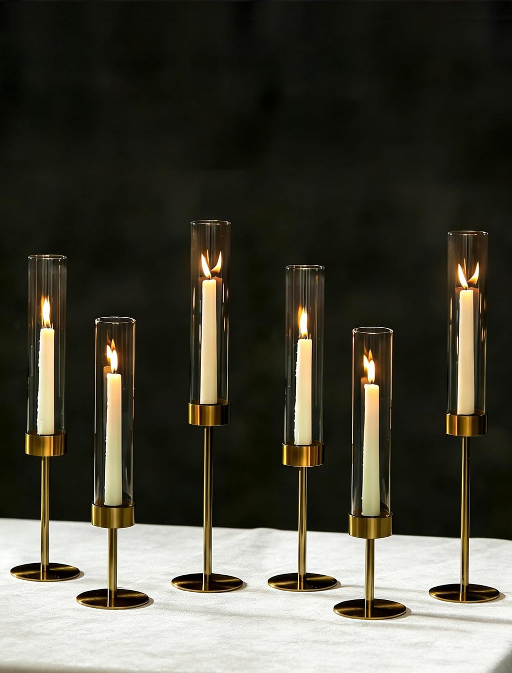 NUPTIO Hurricane Candle Holder for Centerpiece: Set of 6 Gold Taper Candle Holders Bulk - Tall Brass Candlestick Holders with Cylinder Shape Cover for Dinner Table Christmas Decor