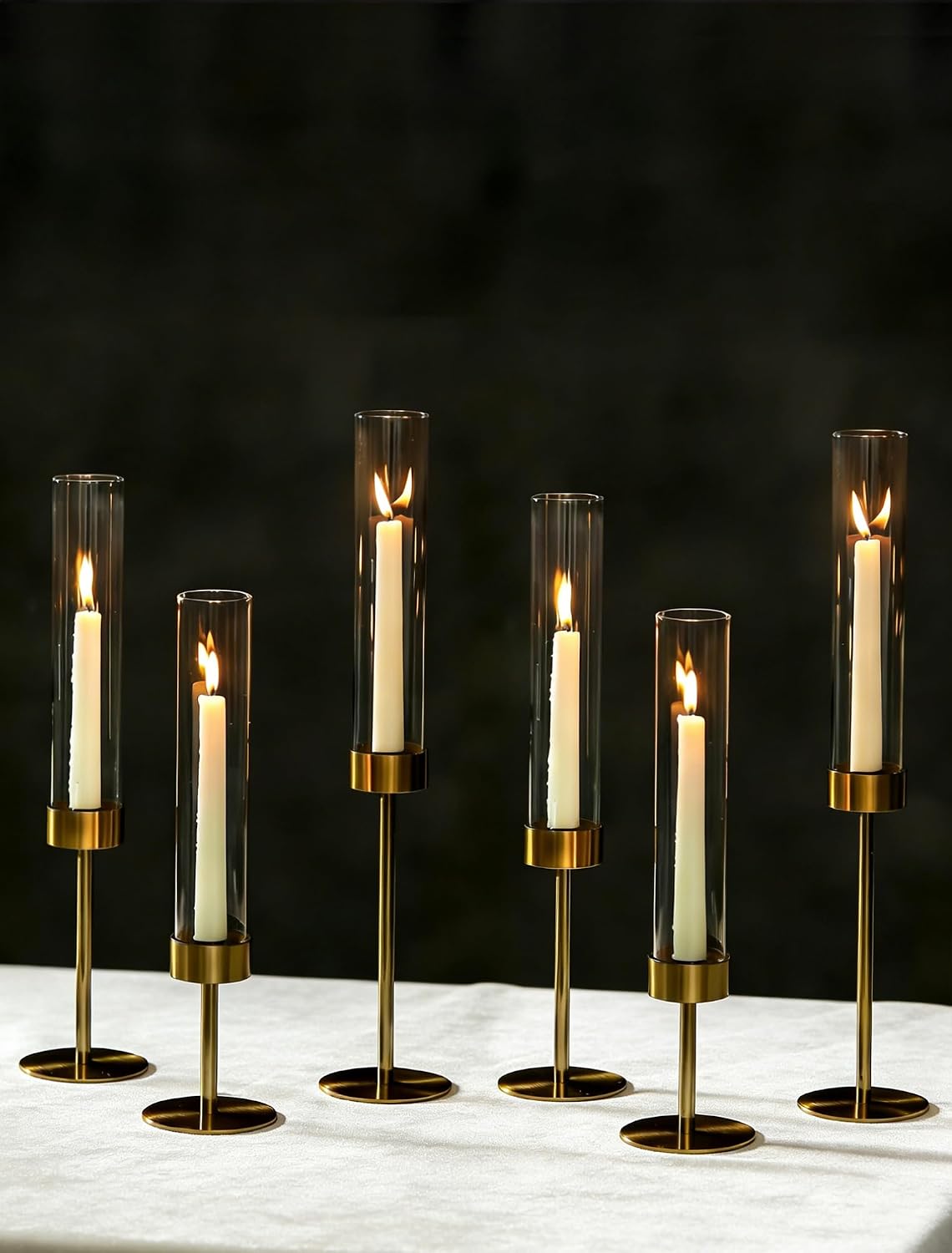 NUPTIO Hurricane Candle Holder for Centerpiece: Set of 6 Gold Taper Candle Holders Bulk - Tall Brass Candlestick Holders with Cylinder Shape Cover for Dinner Table Christmas Decor