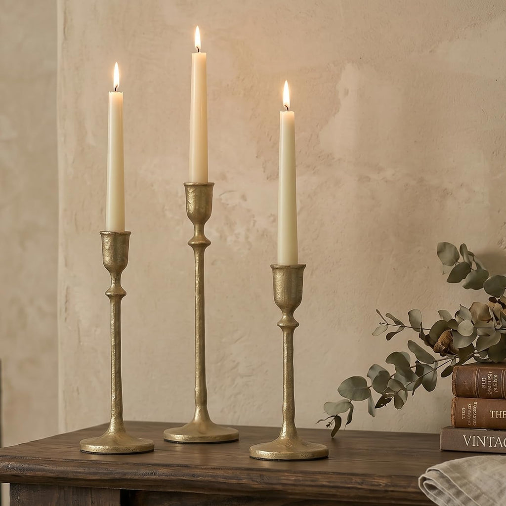 BANOMII Antique Brass Candlestick Holders Set of 3, Cast Iron Taper Candle Holder for Dining Table Centerpiece, Wedding, Fireplace Mantel Decor, Vintage Tall Candle Stands, Christmas Decorations