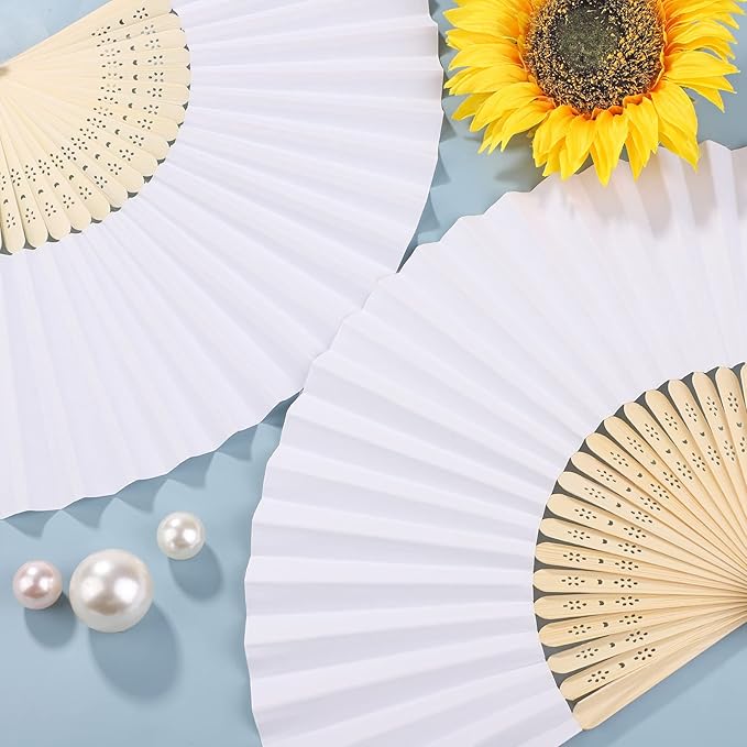 Aneco 24 Pieces Handheld Paper Fans Paper Folding Fans with Bamboos for Wedding Gift, Party, Home, DIY, White…
