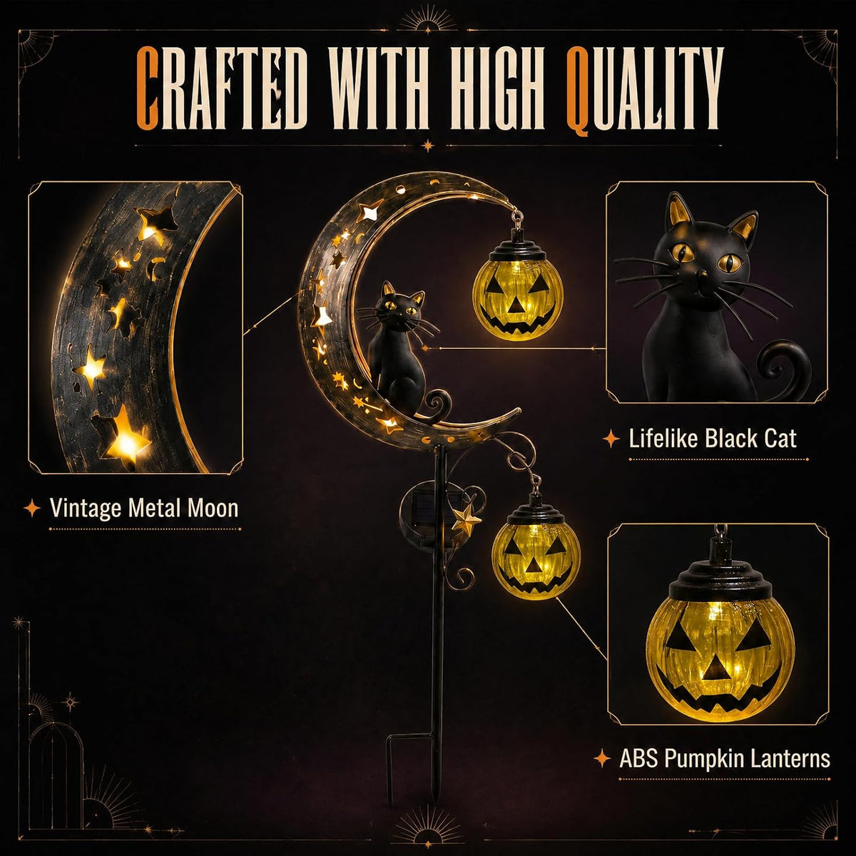 2 Pack Solar Halloween Pumpkin Moon Black Cat Garden Stake Lights Outdoor