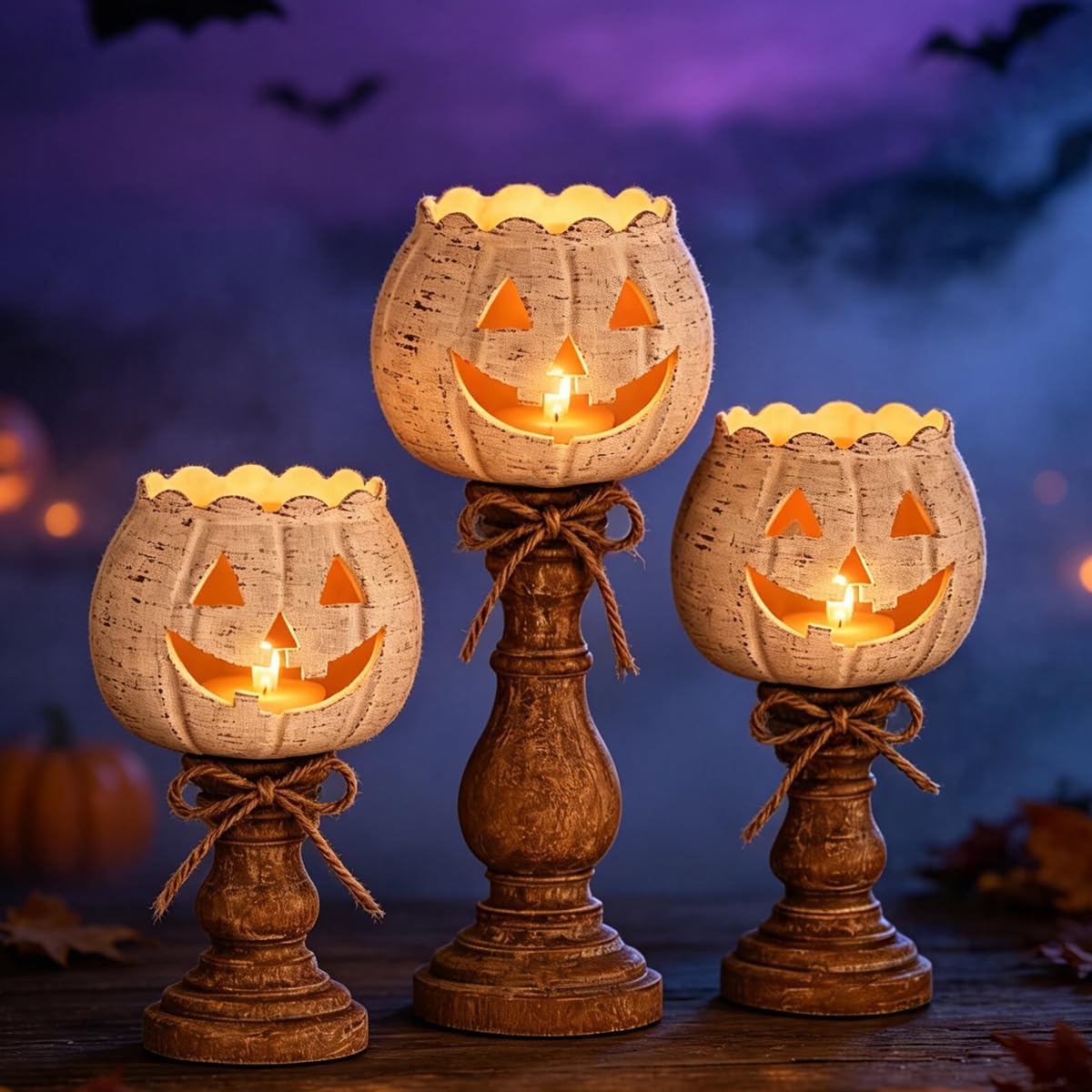 Rustic White Pumpkin Tealight Candle Holder Set, Farmhouse Halloween Pumpkin Tea Light Candle Holders Decor, Fall Tables Centerpieces for Thanksgiving & Halloween Party