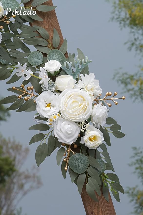 Faux Arch Flower Swag Set of 2 for Wedding Welcome Signs Floral Swag Wedding Reception Ceremony Signs Decor (White)