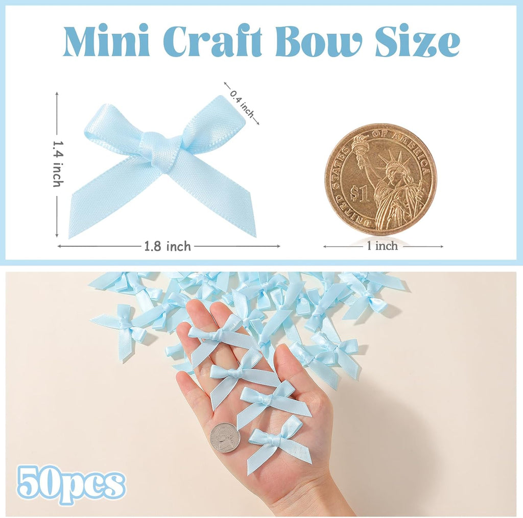 Choicbaby 50 PCS Blue Mini Satin Ribbon Bows 1.8 * 1.4" Small Blue Wrap Bows Decoration for DIY Craft Cheer Pins Box Card Birthday Party Wedding
