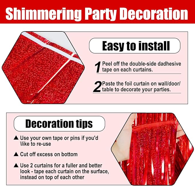 6 Pack Red Foil Fringe Curtain Backdrop, 3.28Ft x 8.2Ft Metallic Tinsel Foil Fringe Streamer Curtains for Photo Booth, Birthday, Wedding, New Year Party Decorations
