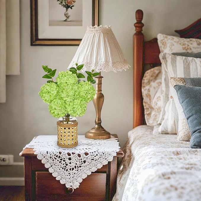 Hollyone Green Hydrangea Artificial Flowers in Woven Glass Vase with Faux Water Silk Hydrangeas Fake Flowers Floral Arrangement for Home Indoor Bathroom Kitchen Office Table Centerpiece Shelf Decor