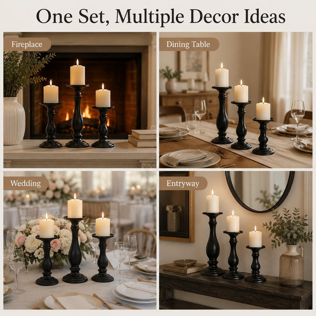 Matte Black Pillar Candle Holders Set of 3, 6/8/10 Inch Metal Stands for 3 or 4 Inch Pillars, Fireplace Mantel Table Centerpiece, Rustic Farmhouse Wedding Decor