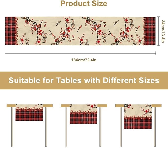 Bird Table Runner,Red Black Buffalo Plaid Blossom Seasonal Table Runner for Kitchen Dining Table Decoration Home Party Decor 13x70 Inch