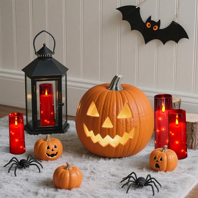 Raycare Flameless Candle with Remote Timer – 9 Flickering Acrylic Battery Operated LED Pillar Candles with Embedded Star String for Halloween, Home Decor, and as a Gift (Red)