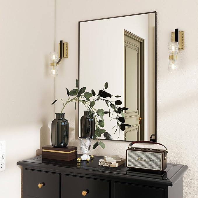 BEAUTYPEAK Black Bathroom Wall Mirror - 26" x 38" Rectangular Mirror with Metal Frame, Hangs Horizontal or Vertical for Living Room Bedroom Bathroom Entryway
