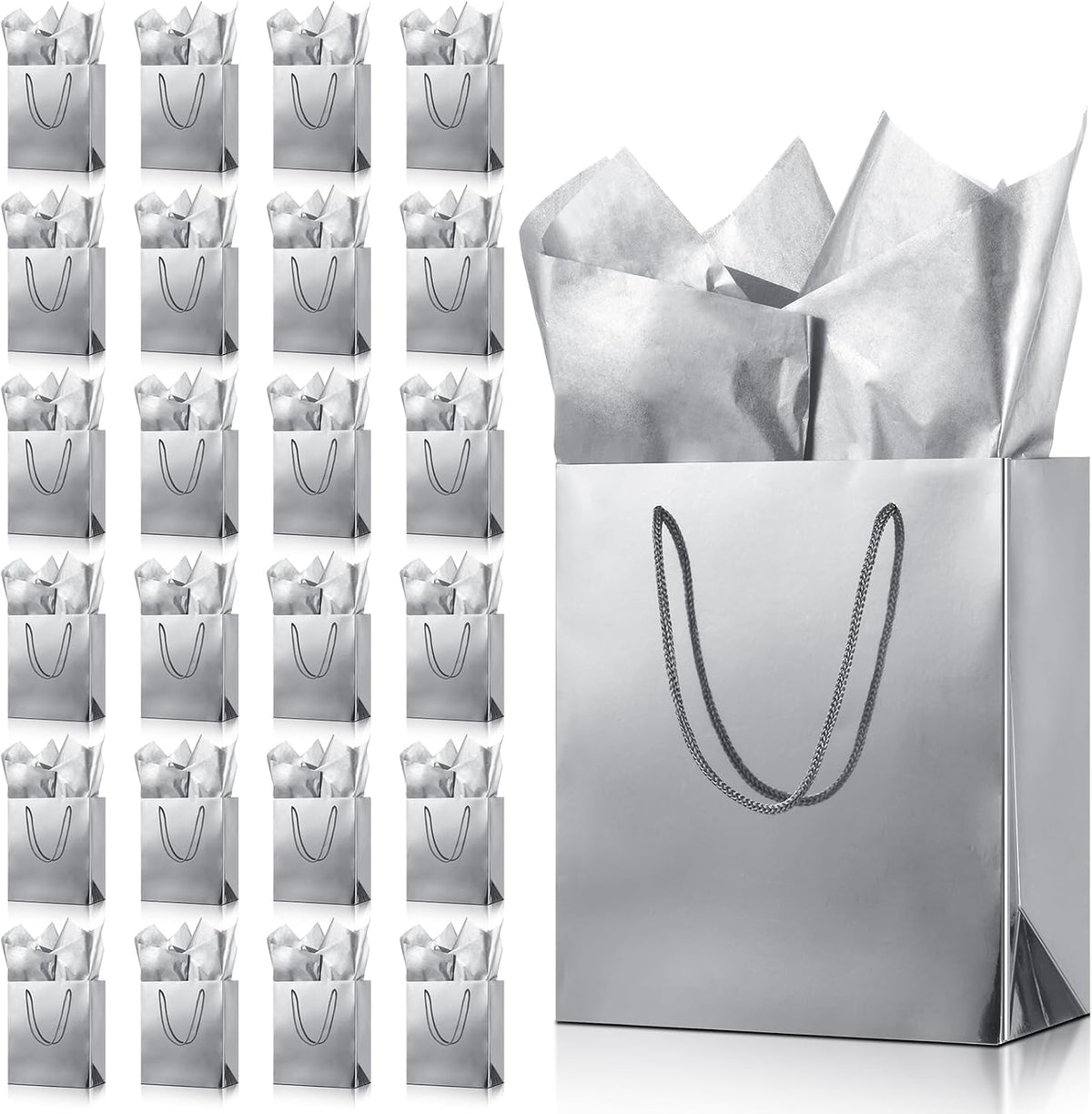 silver gift bags with tissue paper, metallic finish, main product view