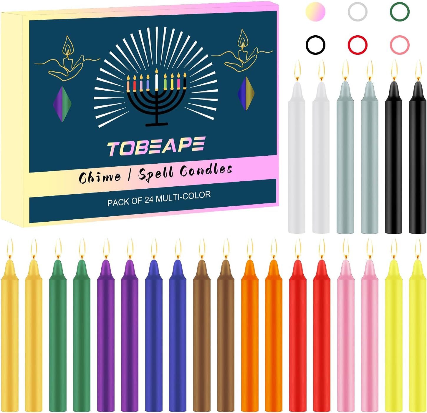 Tobeape 24 Pack Assorted Color Spell Chime Candles, 4" Mini Taper Candles | Unscented dripless wax for witchcraft supplies, Wiccan altar, spell casting, chakra meditation, and spiritual home decor.