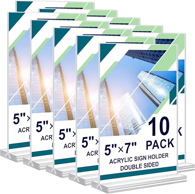 Acrylic Sign Holder 5x7, 10 Pack Clear Double Sided Table Menu Vertical Display Stand Desktop Display Stand Paper Holder Table Sign Suitable for Restaurants Office Store Show Fair