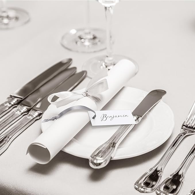 50 Pcs Name Place Cards for Table Setting Blank Wedding Place Cards with Satin Ribbon 1.57 x 3.54 Inch Hanging Gift Tags for Wedding Dinner Banquet Party Table Setting Supplies (Silver)