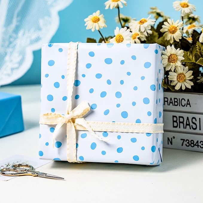 Burymento Blue Lrregular Wave Point Wrapping Paper, Reversible Gold Gift Wrap for Birthday, Valentines, Mothers day, Graduation, Wedding, Fathers day, Baby Shower, Christmas (17in x 16.4ft)