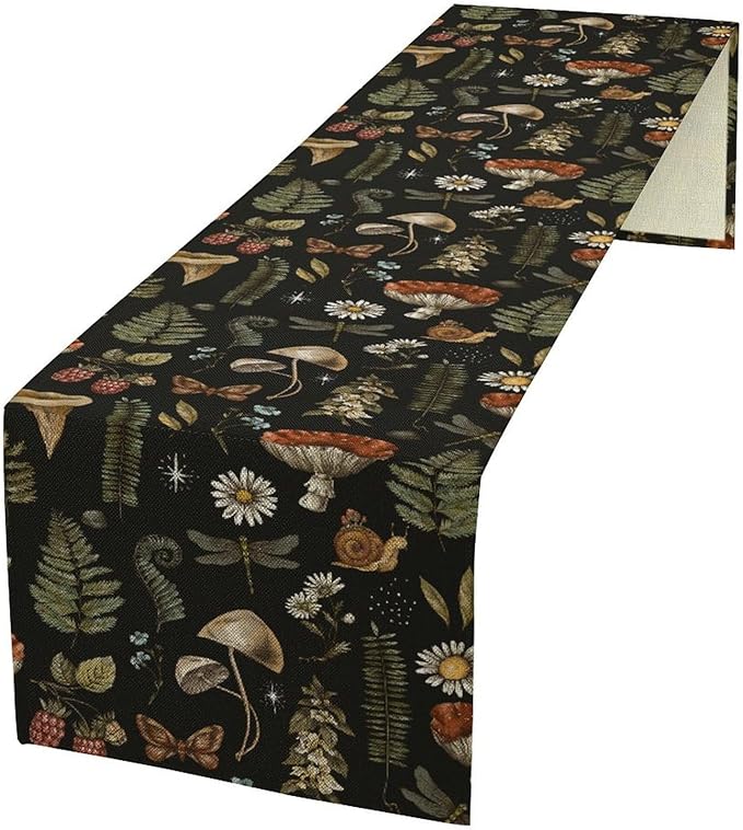 Mushroom Table Runner,Retro Forest Plant Table Runner for Kitchen Dining Table Home Party Decoration 13x108 Inch