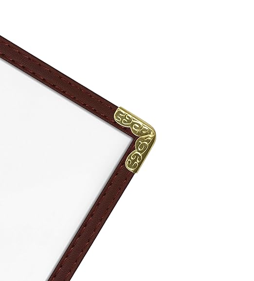 Brown, 25 Pack,1 Page / 2 Views - 8.5" x 11", Cafe Style Menu Cover, Top-Loading Double Stitched Edge, Crystal Clear Vinyl Menu Holder with Gold Decorative Corners