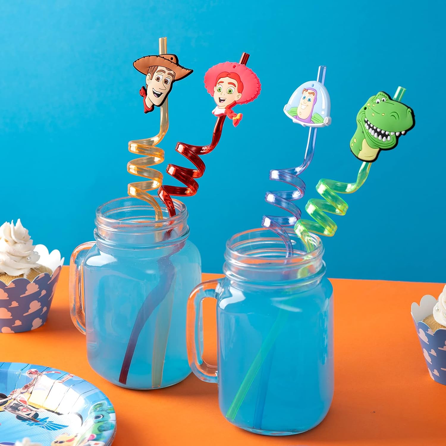 24Pcs Toy Inspired Story Birthday Party Supplies Reusable Drinking Straws,8 Designs Toy Themed Story Party Favors with 2 Cleaning Brushes