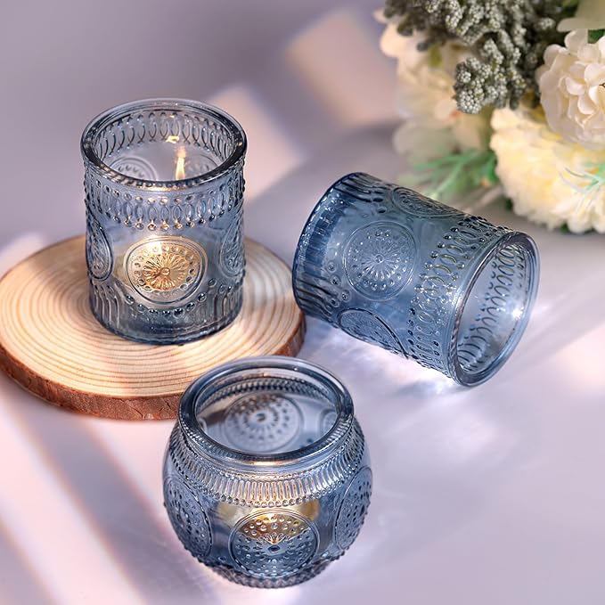 DARJEN 12Pcs Blue Votive Candle Holders - Votive Candle Holders Bulk, Glass Candle Holder for Party Decoration, Tea Lights Candle Holders for Wedding