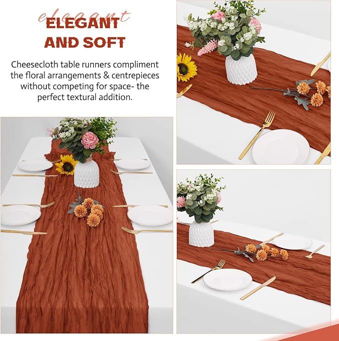 Aktor 4 Pack Terracotta Table Runner Boho Cheesecloth Table Runner Semi Sheer Gauze Fabric Runners for Wedding Birthday Baby Shower Party Boho Table Decoration（Terracotta）