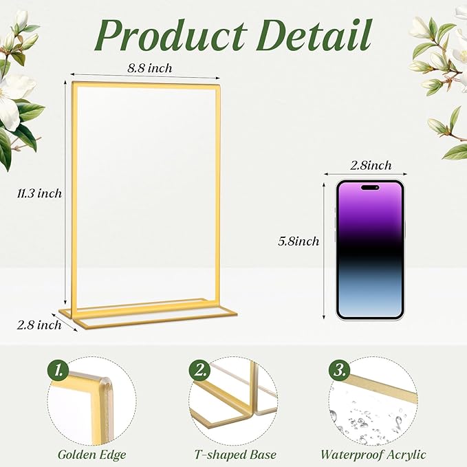 12 Pack Gold Acrylic Sign Holders 8.5x11 Inch, Double Sided Clear Acrylic Frames for Menu Displays, Wedding Table Numbers, Event Signage, Restaurant Posters and Office Document Holders