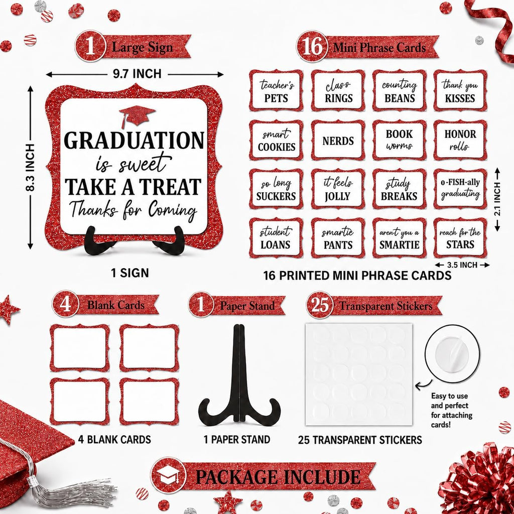 20PCS Graduation Candy Bar Sign, 1 Red Glitter Candy Buffet Table Sign with Stand, Catering Supplies Display for Graduation Decorations Class of 2026 -A04-2