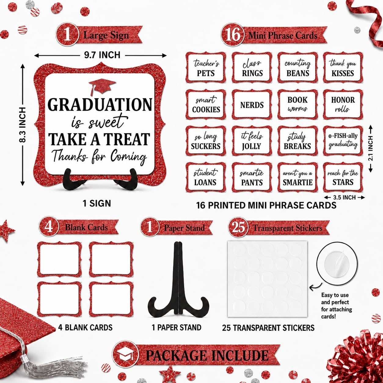 20PCS Graduation Candy Bar Sign, 1 Red Glitter Candy Buffet Table Sign with Stand, Catering Supplies Display for Graduation Decorations Class of 2026 -A04-2