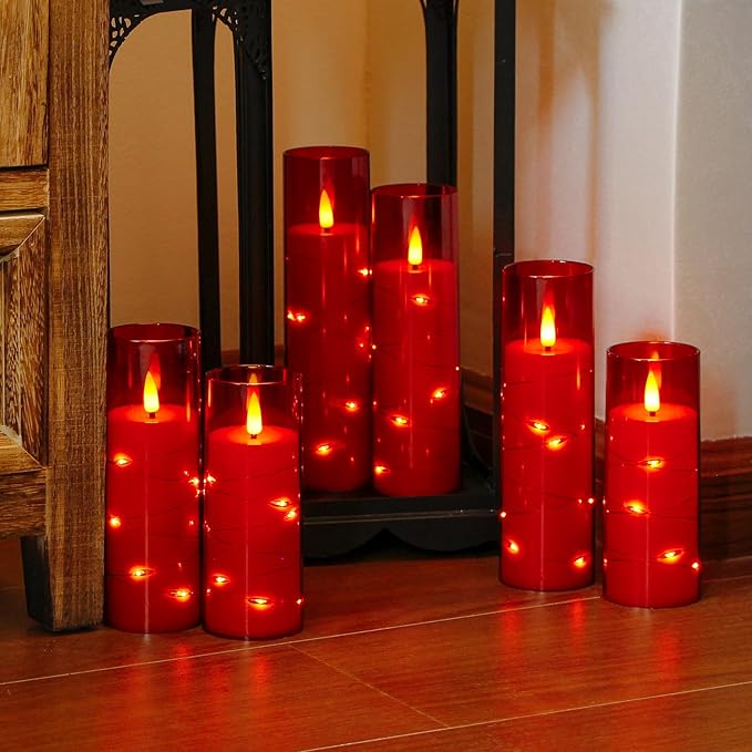 Red Flameless Candles with Remote and String Light, 2.2"x 5",5",6",7",7",8" LED Battery Operated Plastic Flickering Timer Pillar Candles(Pack of 6,Turn On/Off String Light Mode)