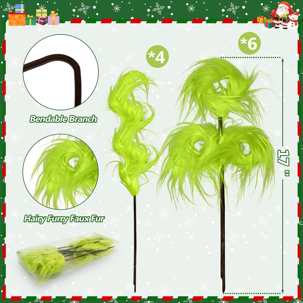 Christmas Tree Decorations, 10 PCS 17" Large Lime Green Furry Christmas Tree Topper Picks Decor Ornaments, Christmas Vase Fillers for Table Manle Gift Wrap, Xmas Home Holiday Decor