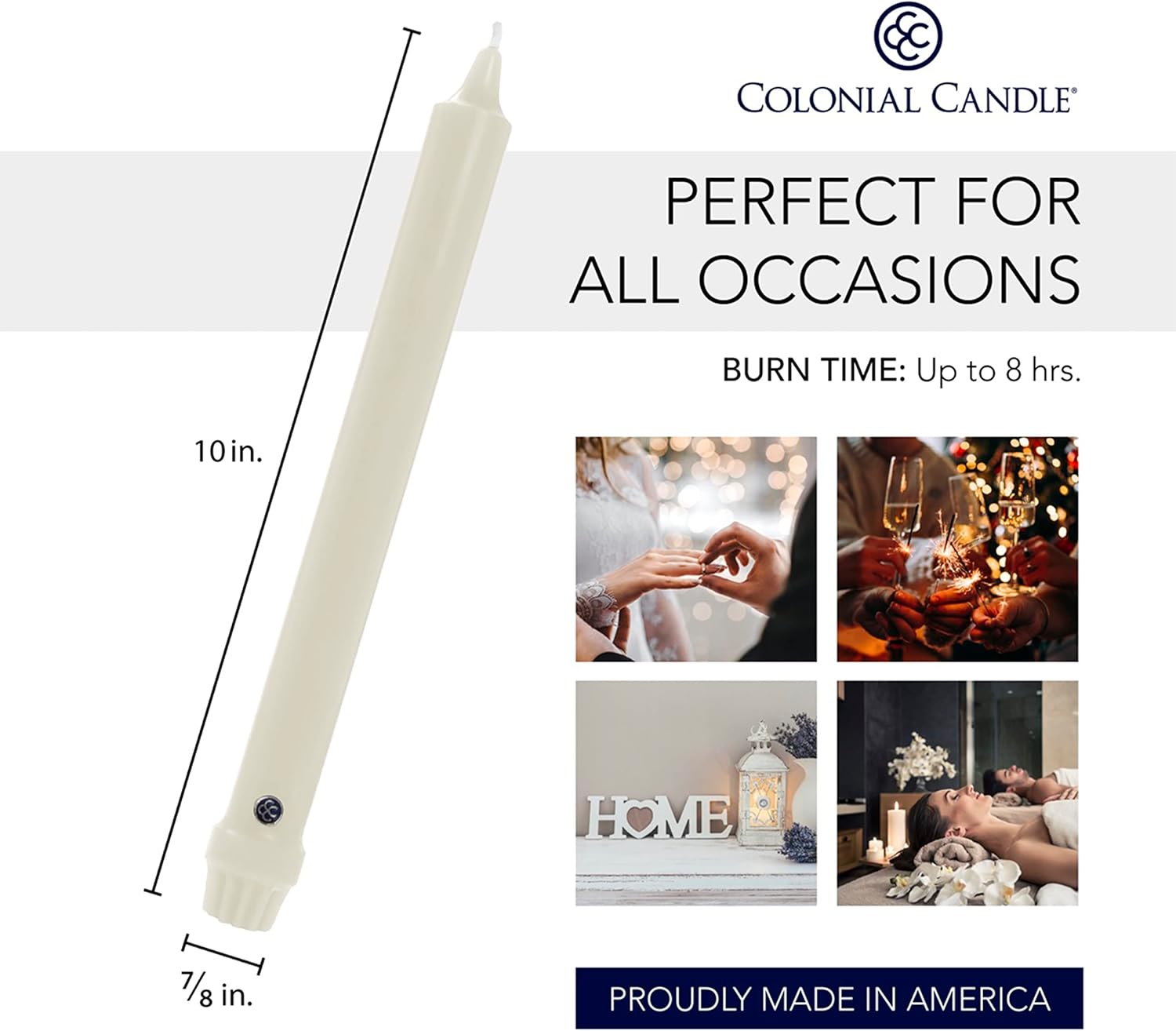 Colonial Candle Unscented Taper Candle, Classic Collection, Ivory, 10 In, Pack of 12 - Up to 8 Hours Burn