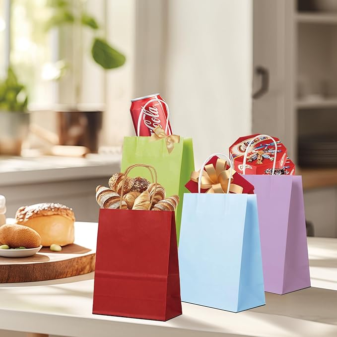 BAG BOX 50 Pack Small 5.9x3.1x8.25 Inch Purple Kraft Paper Gift Bags with Handles for Bulk Shopping, Retail, Craft, Party Favors, Wedding, Grocery & Sacks