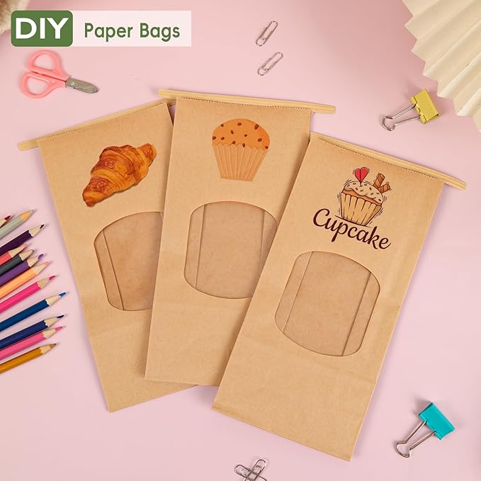 Moretoes 100pcs Medium Bakery Cookie Bags with Window, 4.5x2.36x9.6in Tin Tie Tab Kraft Paper Bags for Cookie Coffee Bread Bakery Packing