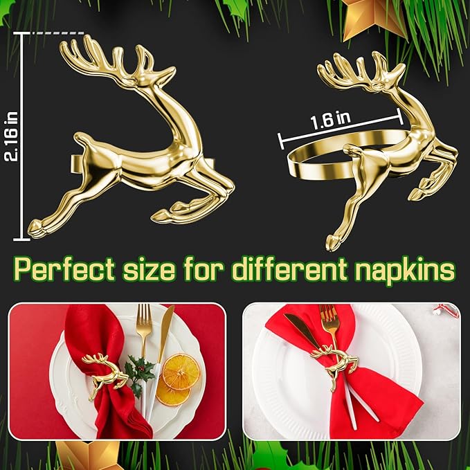 ZeeDix Gold Reindeer Christmas Napkin Rings Set of 24, Napkin Holder Ring for Christmas Dinner Table Decor Cloth Napkins, Wedding Receptions, Holiday Party, Banquet and Home Kitchen