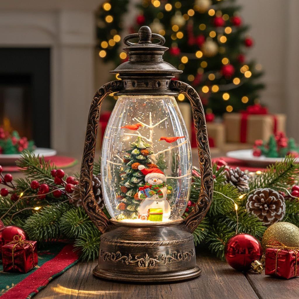 12" Christmas Snow Globe Lantern, Musical Snowman Snow Globes, Indoor Home Christmas Decor, Battery or USB Powered, with 6-Hour Timer, Christmas Decorations