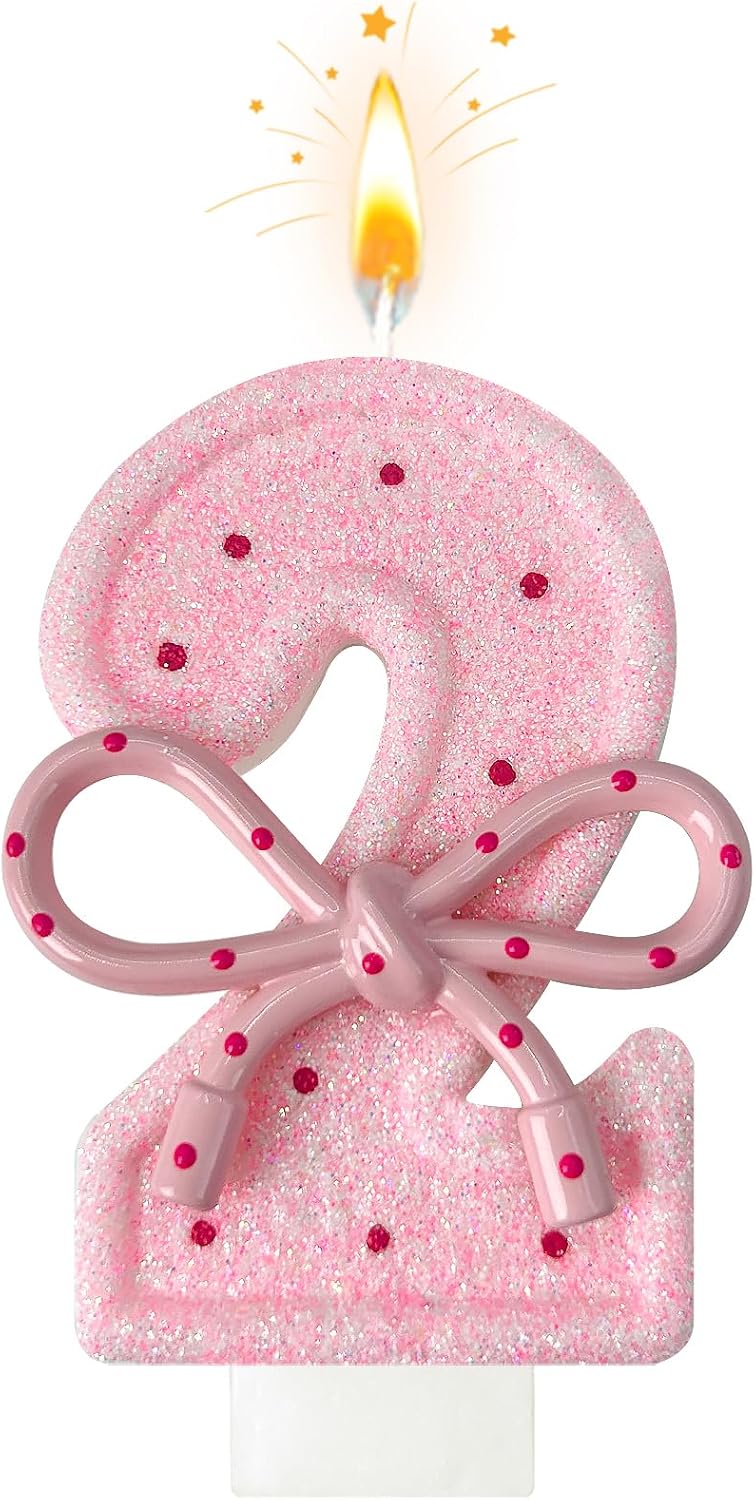 Pink Birthday Candles with Bows, 3.3 Inch Birthday Candles for Cake Decorations, Cute Anniversary Celebration Supplies for Girls and Women (2)