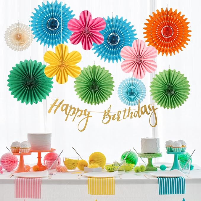 Colorful Birthday Party Decoration Paper Flower Hanging Decoration for Wall Happy Birthday Banner Paper Fans Deco for Tropical Hawaii Luna Birthday Party
