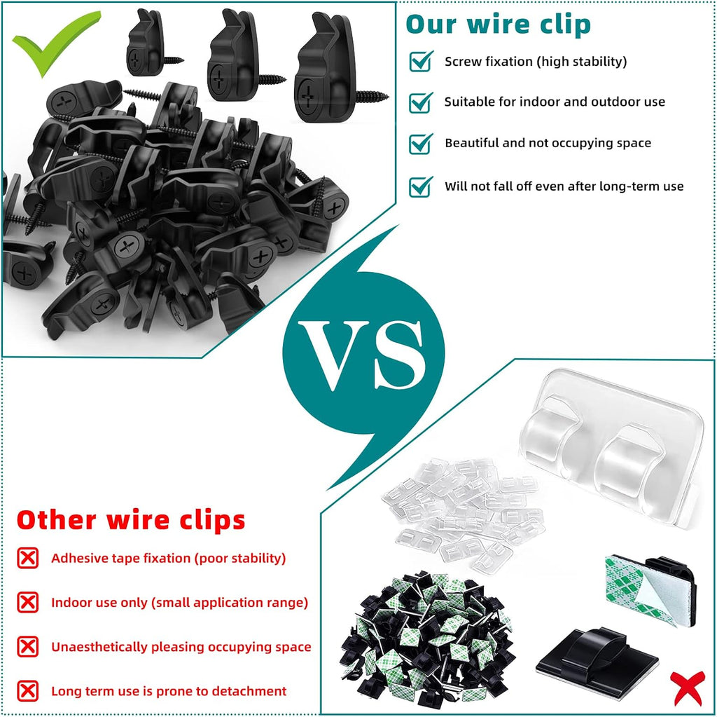 Outdoor String Lights Clips, Weatherproof Cable Hanger Hooks for Hanging Fairy Lights, Holiday Decor - Black, 50 Pack